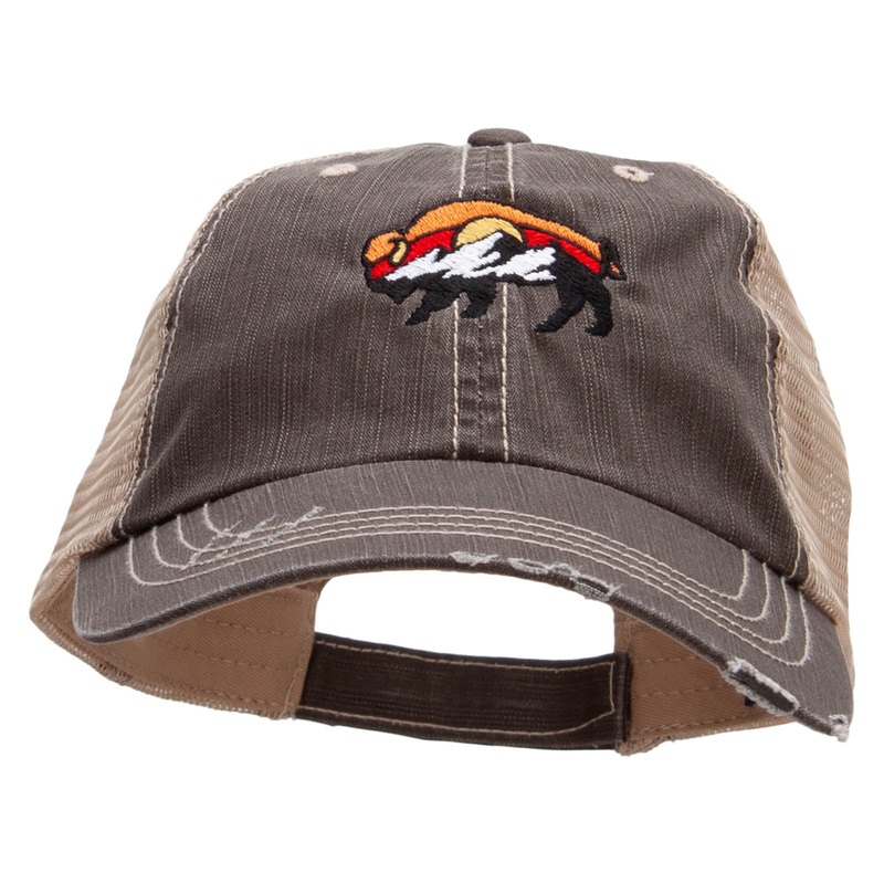 Bison And Mountains Embroidered Low Profile Special Cotton Mesh Cap Brown Khaki One Size