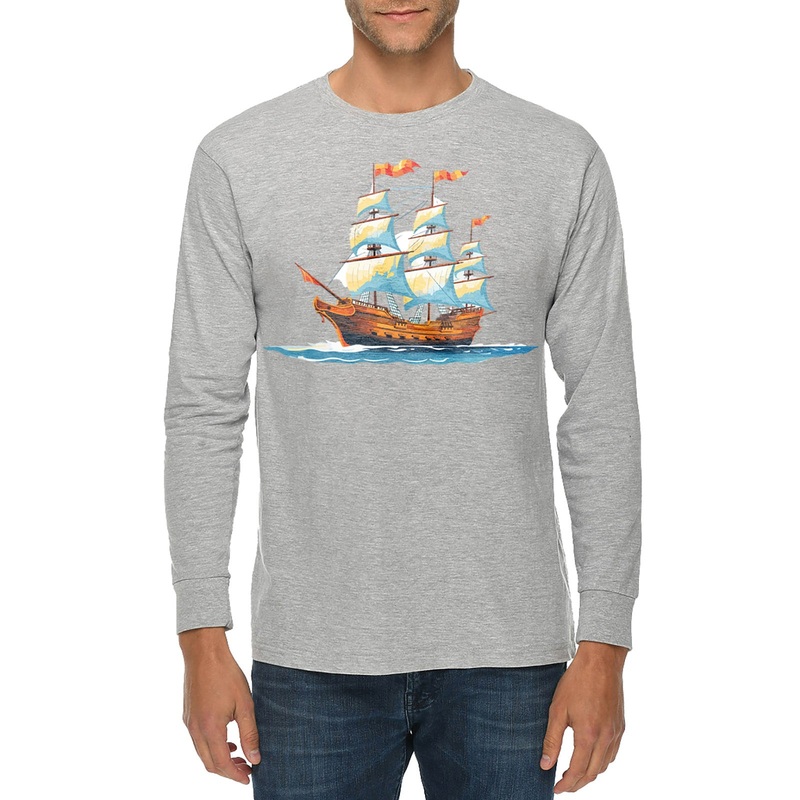 Painting Ship With Sails Graphic Long Sleeve Crewneck Tee Heather Grey XS