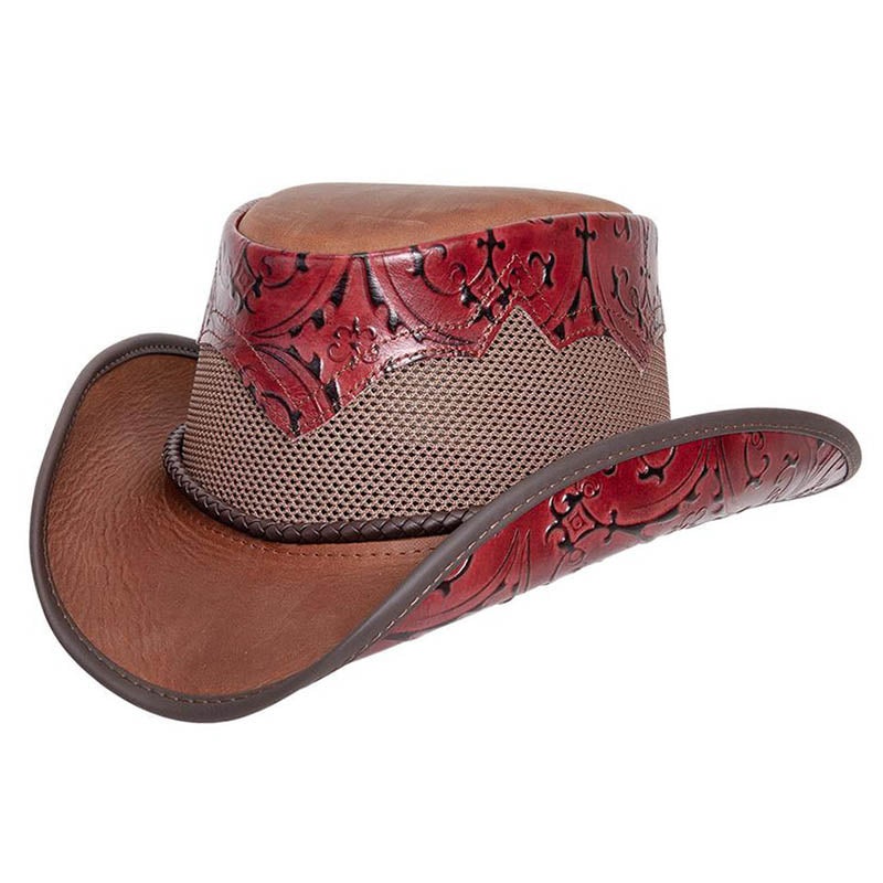 Sierra Two Tone Leather Cowboy Hat with Etched Crown up to 3XL – Double G Hat Red S (54-55 cm)