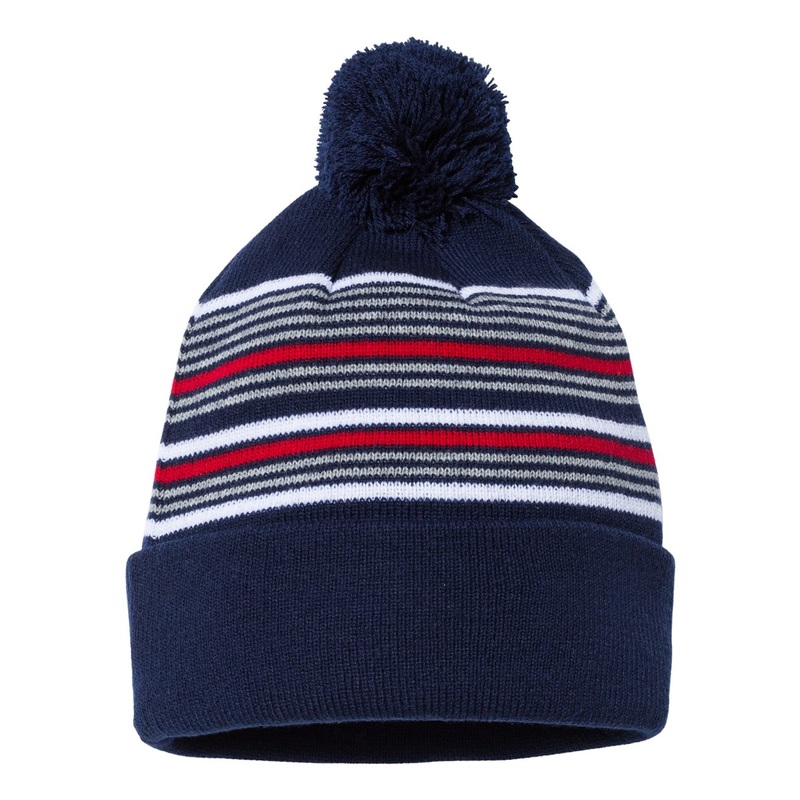 Sportsman SP60 – 12″ Striped Pom-Pom Knit Beanie – SP60 Black/White/Grey/Red