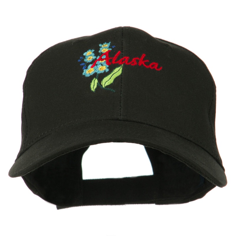 USA State Alaska Flower Embroidered Low Profile Cotton Cap Black One Size