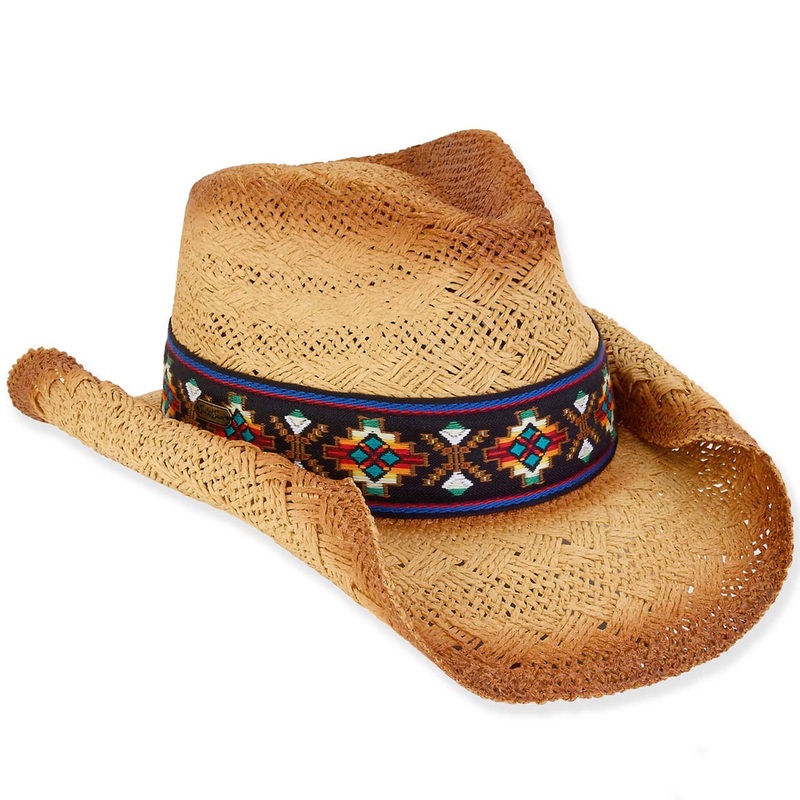 Woven Straw Cowboy Hat with Aztec Pattern Band  – Sun ‘N’ Sand Hats Tan M/L (58 cm)
