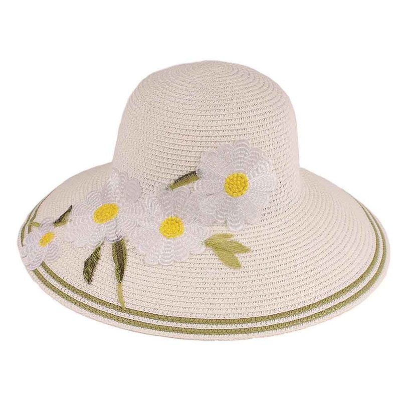 Big Brim Summer Hat with Embroidered Flower Accent – Jeanne Simmons White Medium (57 cm)