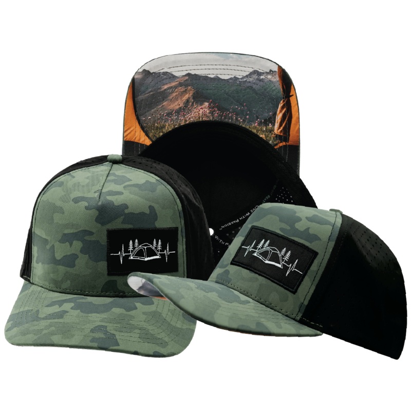 Camping Hat – Trucker Hat – Soft Teal Camo / Black – Laser Mesh
