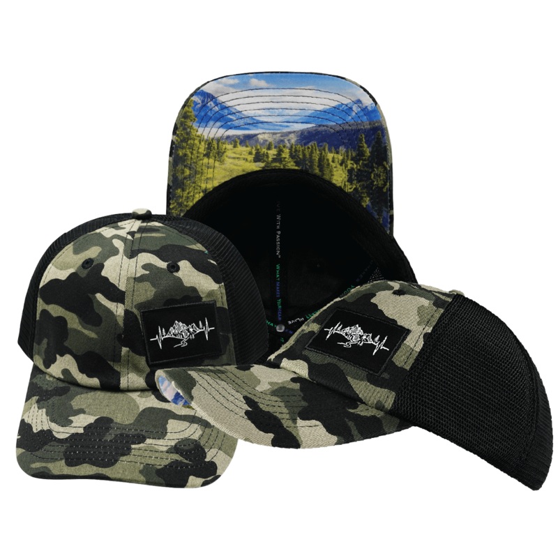 Mountains Hat – Dad Hat – Camo – Black – Soft Trucker Mesh