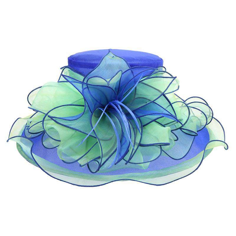 Two Tone Flower Center Ruffle Derby Hat Blue / Green
