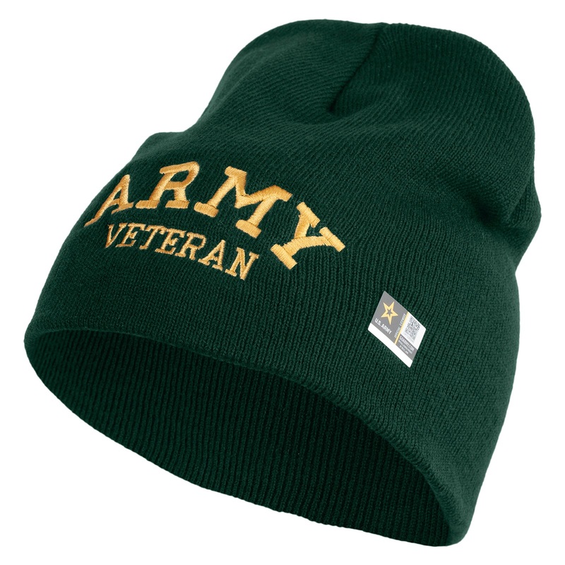 Army Veteran Letters Embroidered 8 Inch Knitted Short Beanie DK Green One Size