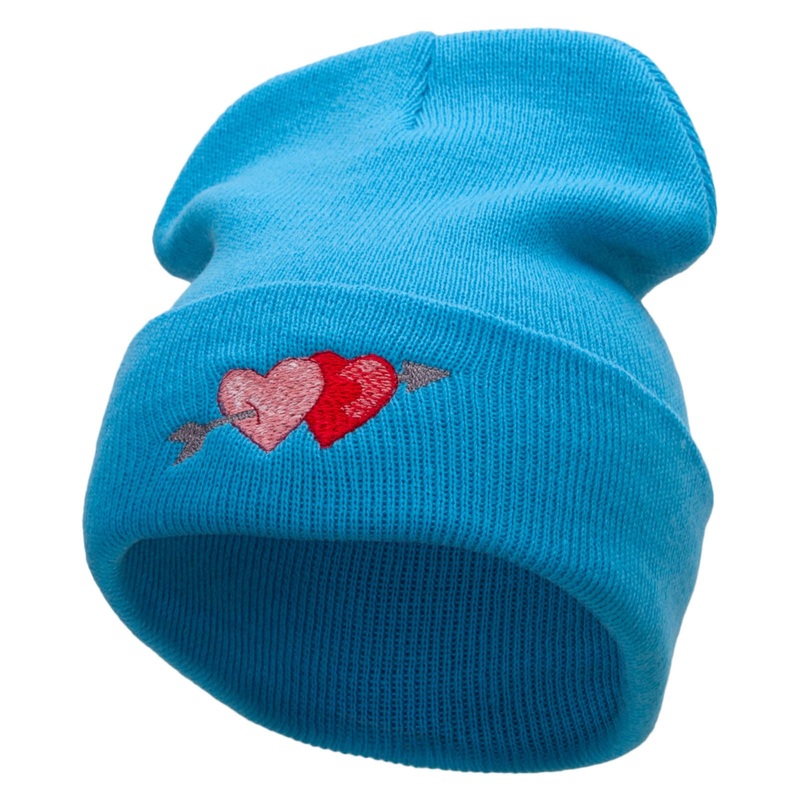 Arrow and Heart Embroidered 12 Inch Solid Long Beanie Made in USA Aqua One Size
