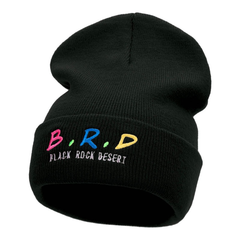 B.R.D. Letters Embroidered Long Knitted Beanie Black One Size