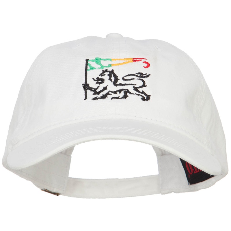 Rasta Lion with Flag Embroidered Washed Cap White One Size