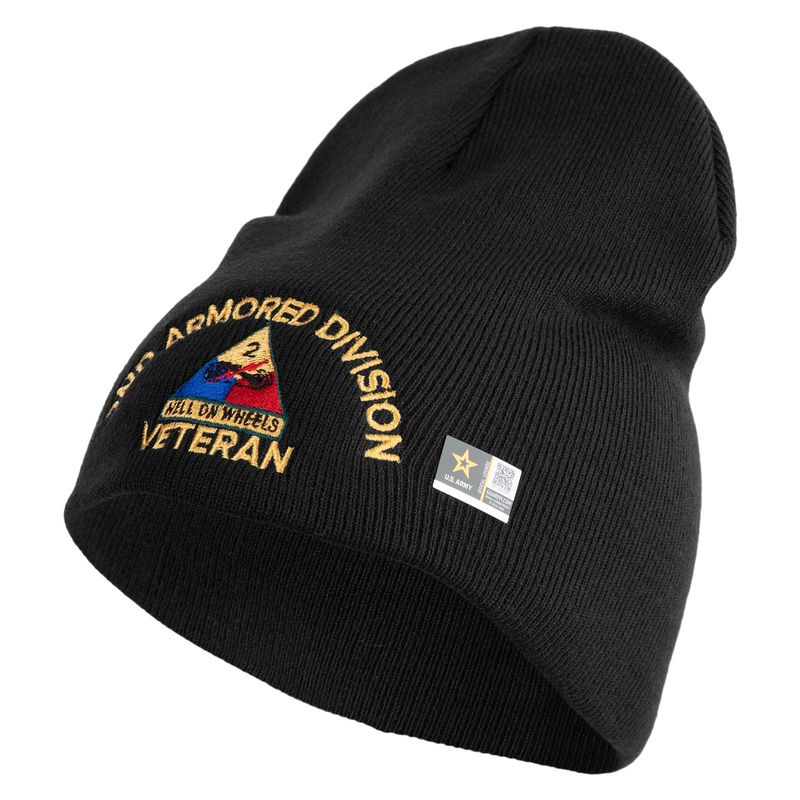 U.S. Army 2nd Armored Division Symbol Embroidered 8 Inch Solid Knit Short Beanie Made in USA Black One Size