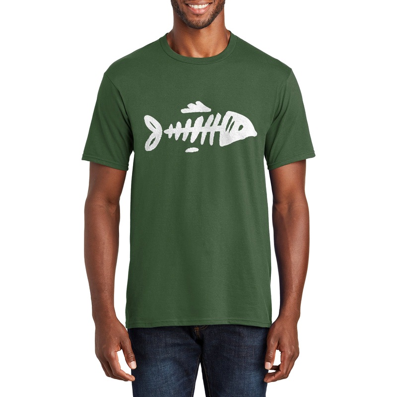 Bare Bone Fish Graphic Men’s Premium  Crew Neck Tee Shirt Olive S