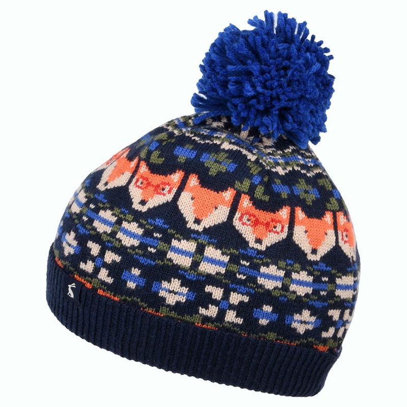 Joules Hats Kids Fox Fairisle Bobble Hat – Navy Blue Age 8-12 Years