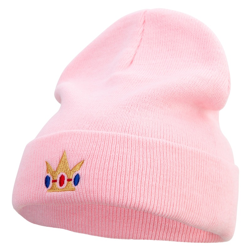 Mario Princess Crown Embroidered 12 inch Acrylic Cuff Long Beanie Pink One Size