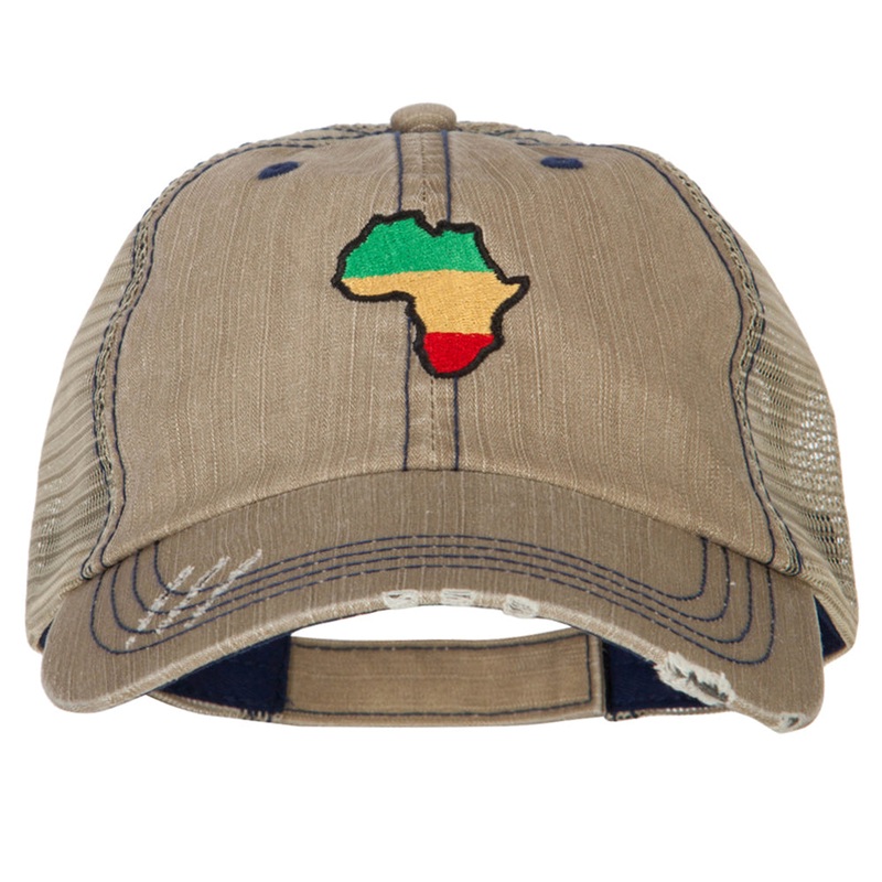 Rasta Africa Map Embroidered Low Profile Cotton Mesh Cap Khaki One Size
