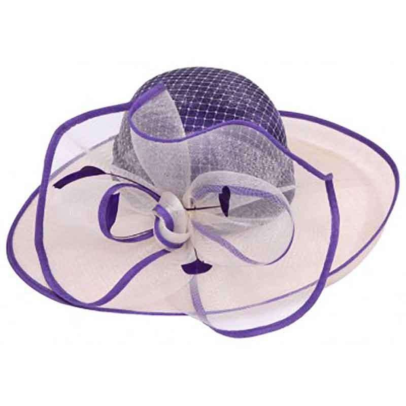 Up Turned Brim Two Tone Sinamay Dress Hat with Tulle Mesh Accent Purple