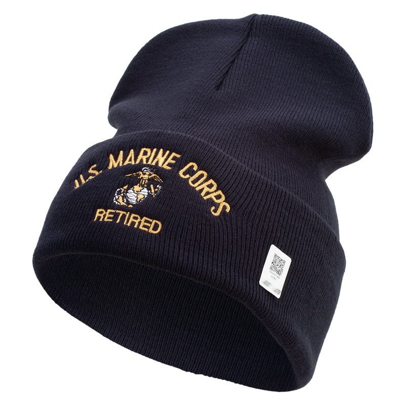 US Marine Corps Retired Logo Embroidered 12 Inch Solid Knit Cuff Long Beanie Made in USA Navy One Size