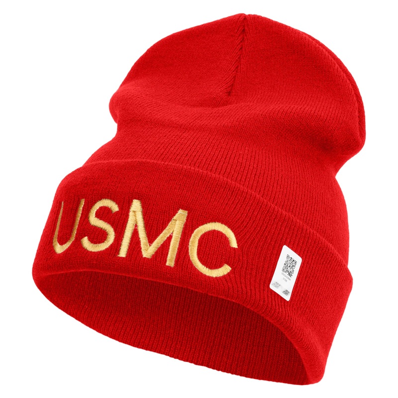 USMC Embroidered 12 Inch Solid Knit Cuff Long Beanie Made in USA Red One Size