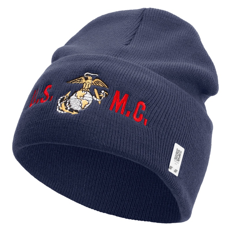USMC Logo Embroidered 12 Inch Solid Knit Cuff Long Beanie Made in USA Navy One Size