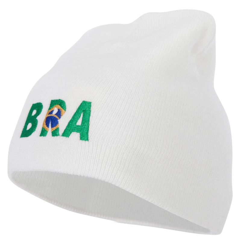 Brazil Country Three-Letter BRA Flag Embroidered 8 Inch Knitted Short Beanie White One Size