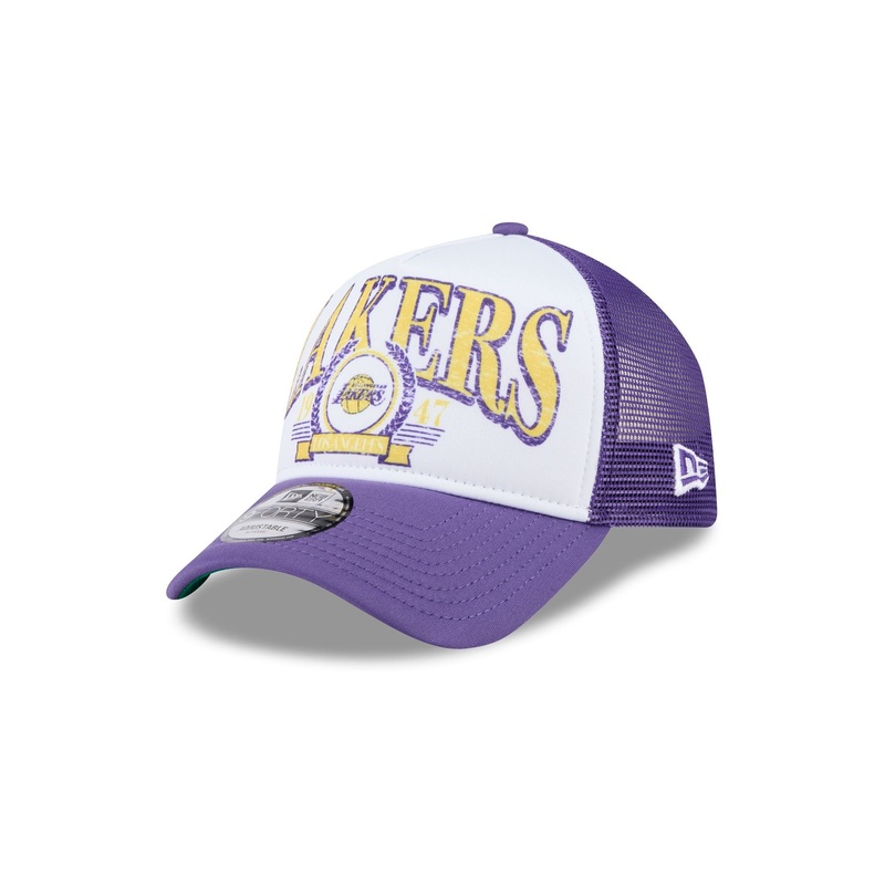 Los Angeles Lakers Distressed 9FORTY A-Frame Trucker Hat One Size