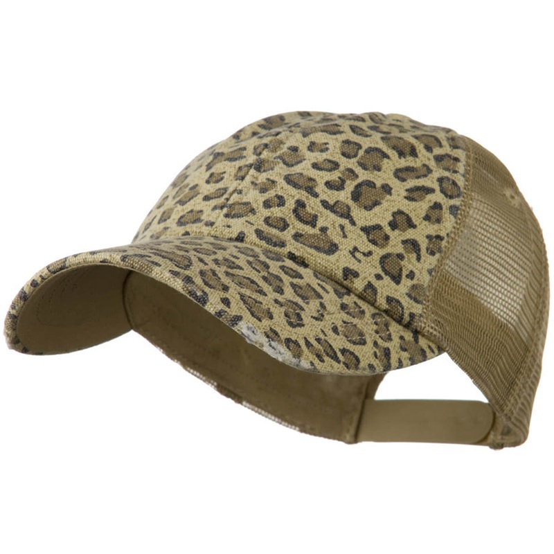 Low Profile Canvas Leopard Printed Mesh Cap Khaki One Size