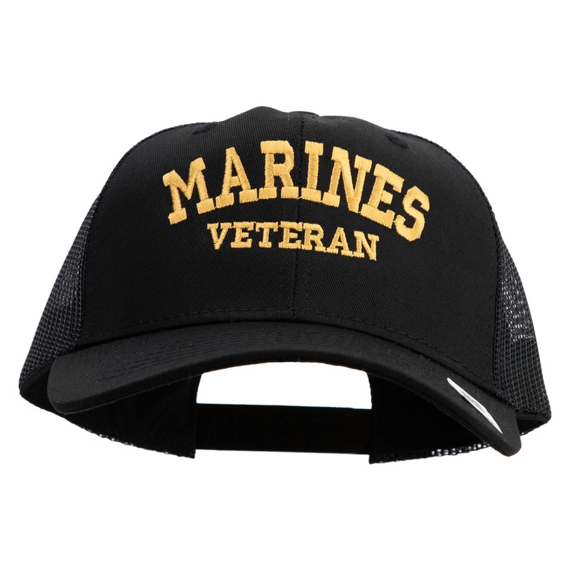 Marines Veteran Embroidered 6 Panel Structured Cotton Twill Mesh Cap Made in USA Black One Size