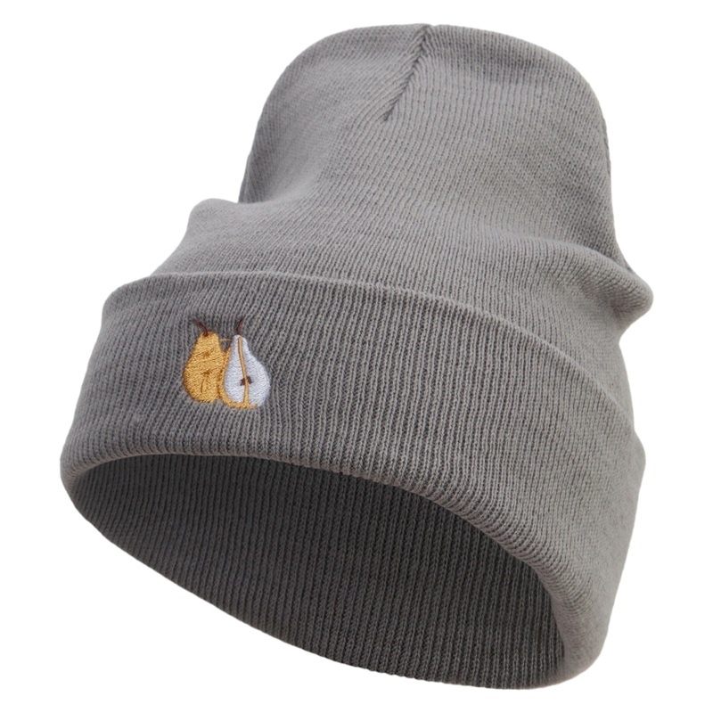 Pear Embroidered 12 inch Acrylic Cuffed Long Beanie Grey One Size