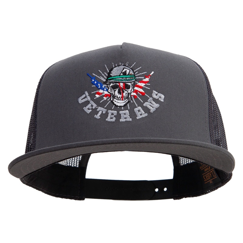 Skull Veteran 5 Panel Mesh Trucker Snapback Cap Charcoal One Size