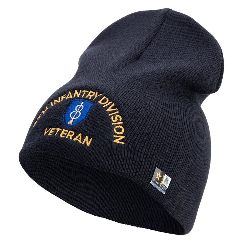 U.S. Army 8th Infantry Division Symbol Embroidered 8 Inch Solid Knit Short Beanie Made in USA Navy One Size