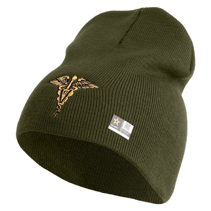 Veterinary Corps Symbol Embroidered 8 Inch Solid Knit Short Beanie Made in USA Olive One Size