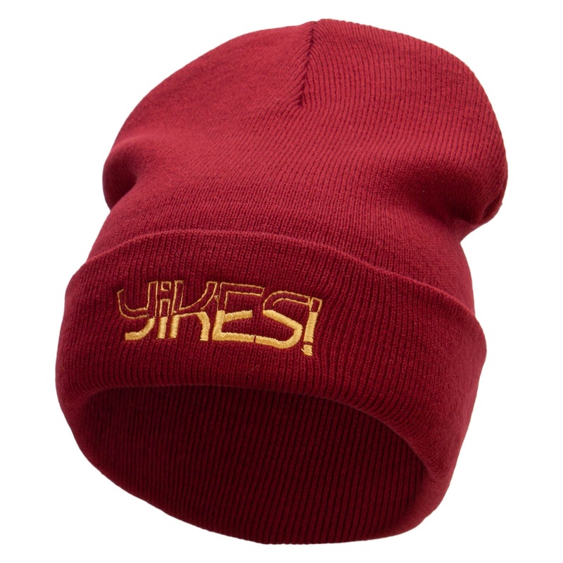 Yikes Embroidered 12 Inch Long Knitted Beanie Maroon One Size
