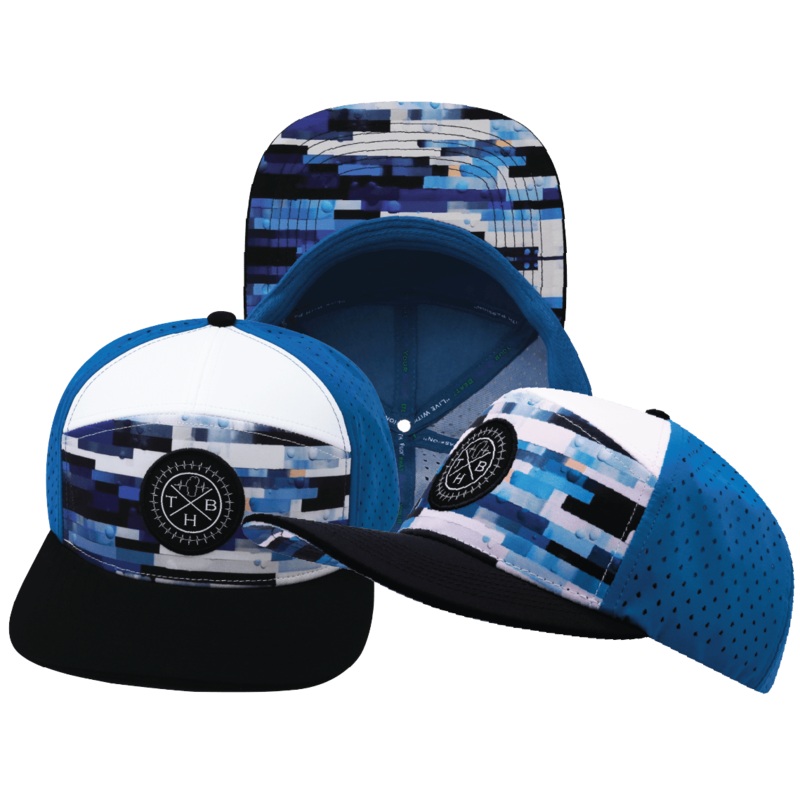 **YOUTH** Color Vibes Hat – Flat Bill – Sky Blocks – Black / White / Blue – Laser Mesh
