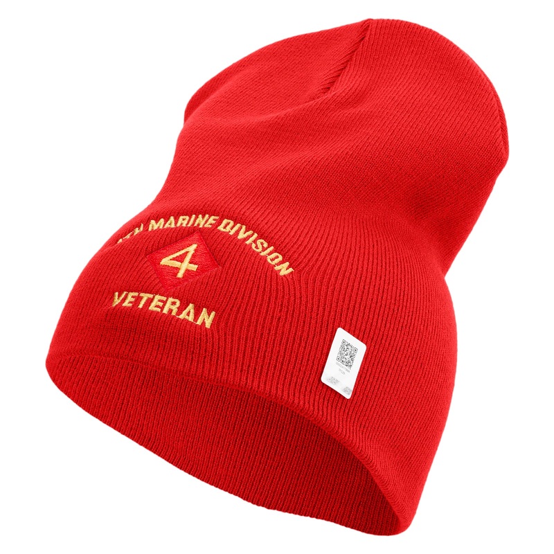 4th Marine Division Veteran Symbol Embroidered 8 Inch Solid Knit Short Beanie Made in USA Red One Size