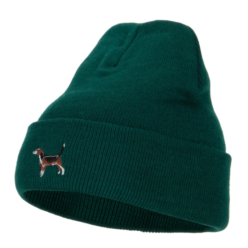 Beagle Dog Embroidered Long Beanie Dk Green One Size