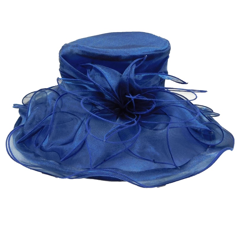 Flower Organza Hat with Curly Ribbon Accent Navy