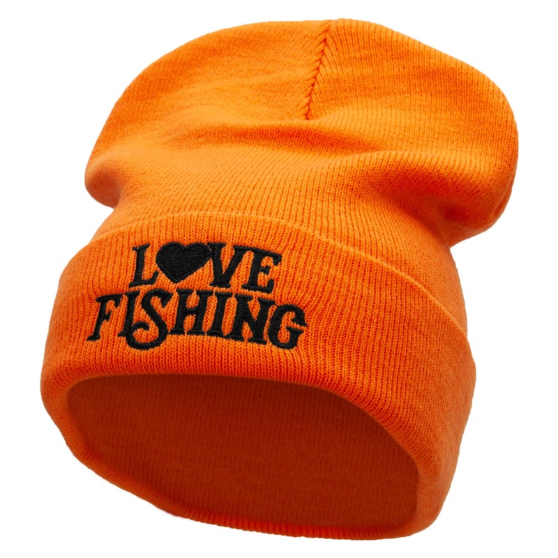 Heart Fishing Embroidered 12 Inch Long Knitted Beanie Orange One Size