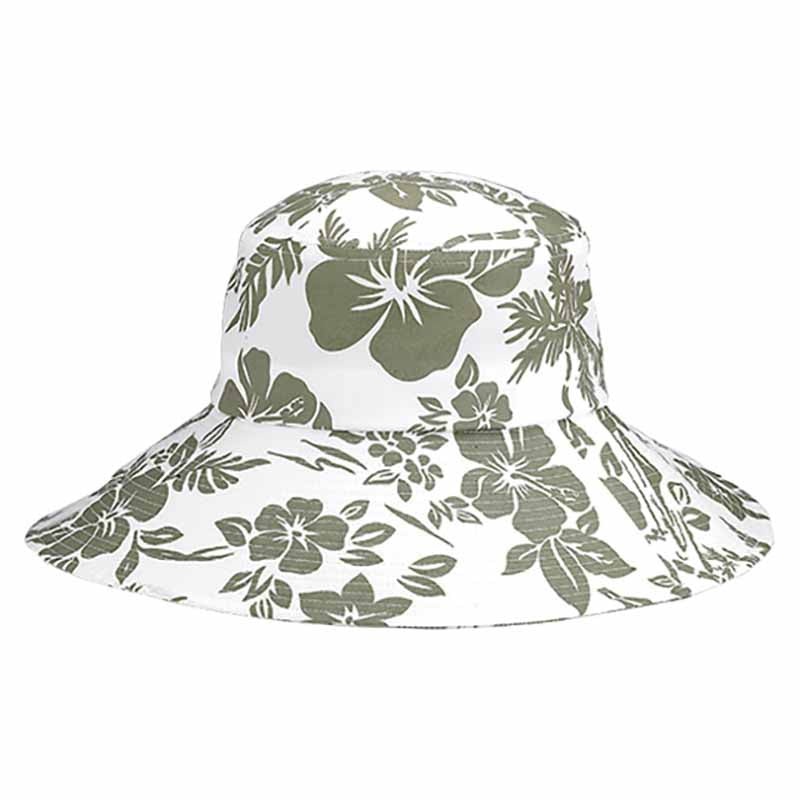 Ladies’ Wide Brim Hibiscus Print Bucket Hat – Mega Cap Olive OS (57-57.5 cm)