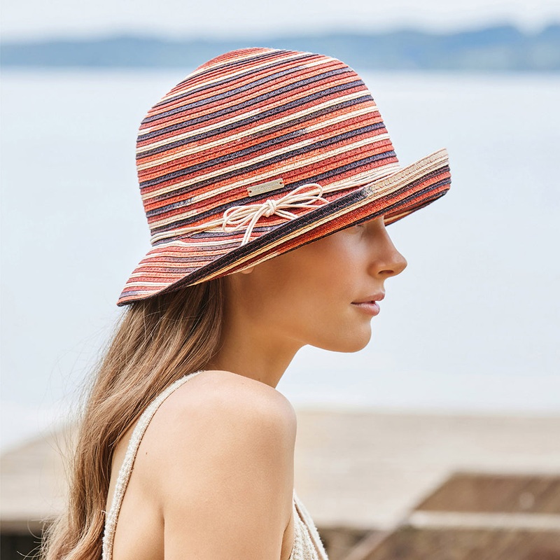 Seeberger Hats Toyo Straw Cloche Hat With Turned-Up Brim – Terracotta-Cream 1-Size