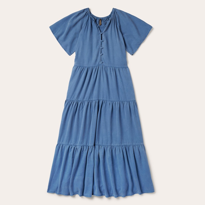 Denim Long Three Tiered Dress Blue XS