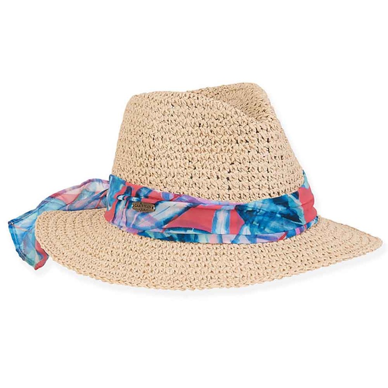 Loboe Crochet Toyo Safari Hat with Colorful Chiffon Tie – Caribbean Joe Natural M/L (58 cm)