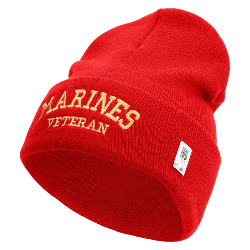 Marines Veteran Logo Embroidered 12 Inch Solid Knit Cuff Long Beanie Made in USA Red One Size