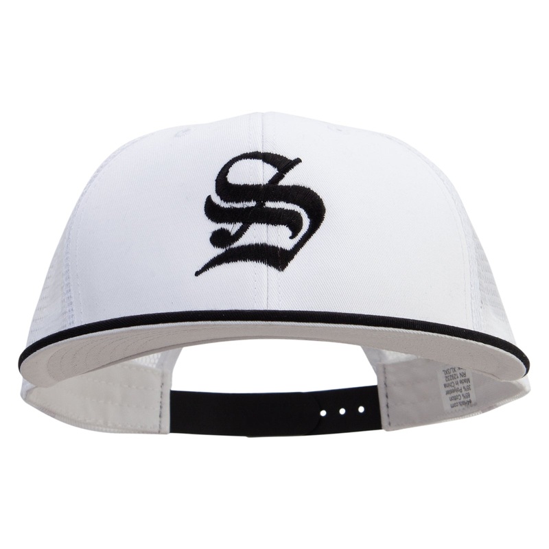 Old English S Embroidered Big Size Premium Flat Bill Trucker Cap Black White XL-3XL