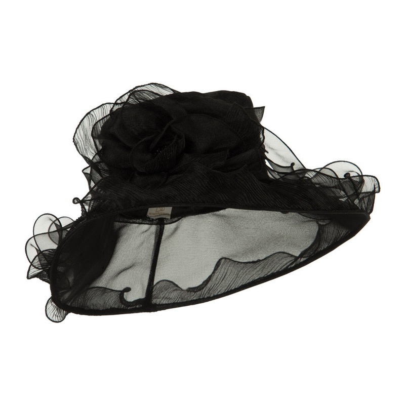 Pleated Trim Brim Ruffle Organza Hat Coral One Size