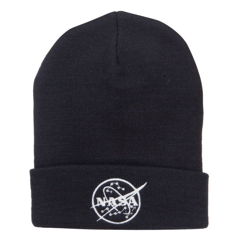 White NASA Logo Embroidered Long Beanie Black One Size