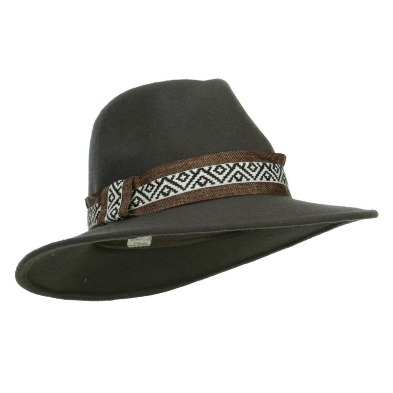 Women’s Large Brim Tribal Wool Fedora Grey One Size