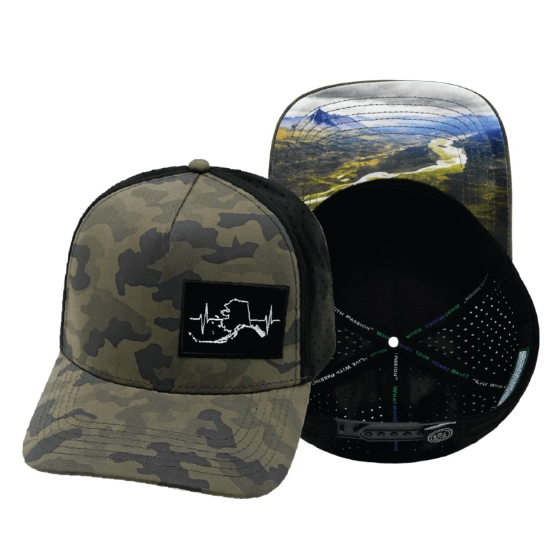 Alaska Hat – Trucker Hat – Soft Charcoal Camo / Black – Laser Mesh