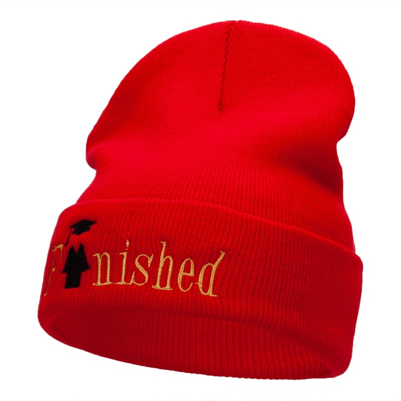 Finished Celebratory Phrase Embroidered Long Knitted Beanie Red One Size