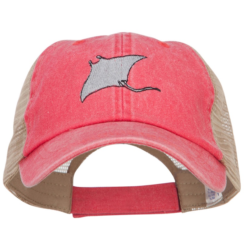 Manta Ray Embroidered Washed Trucker Cap Red Tan One Size