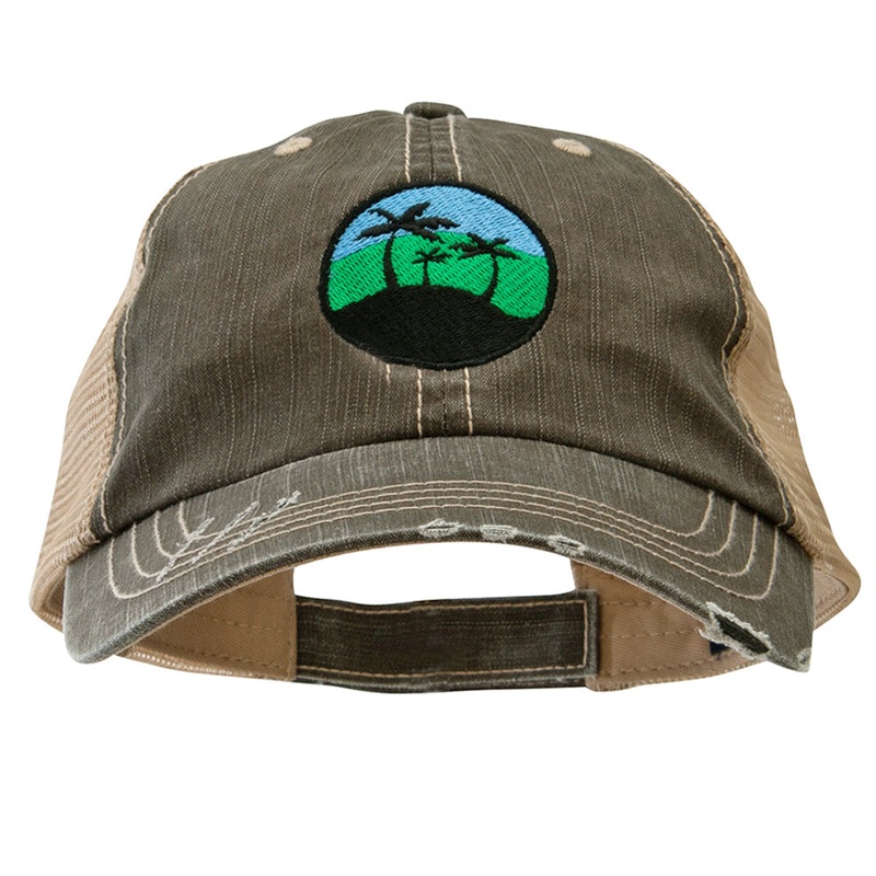 Paradise Palm Trees Embroidered Low Profile Special Cotton Mesh Cap Brown Khaki One Size